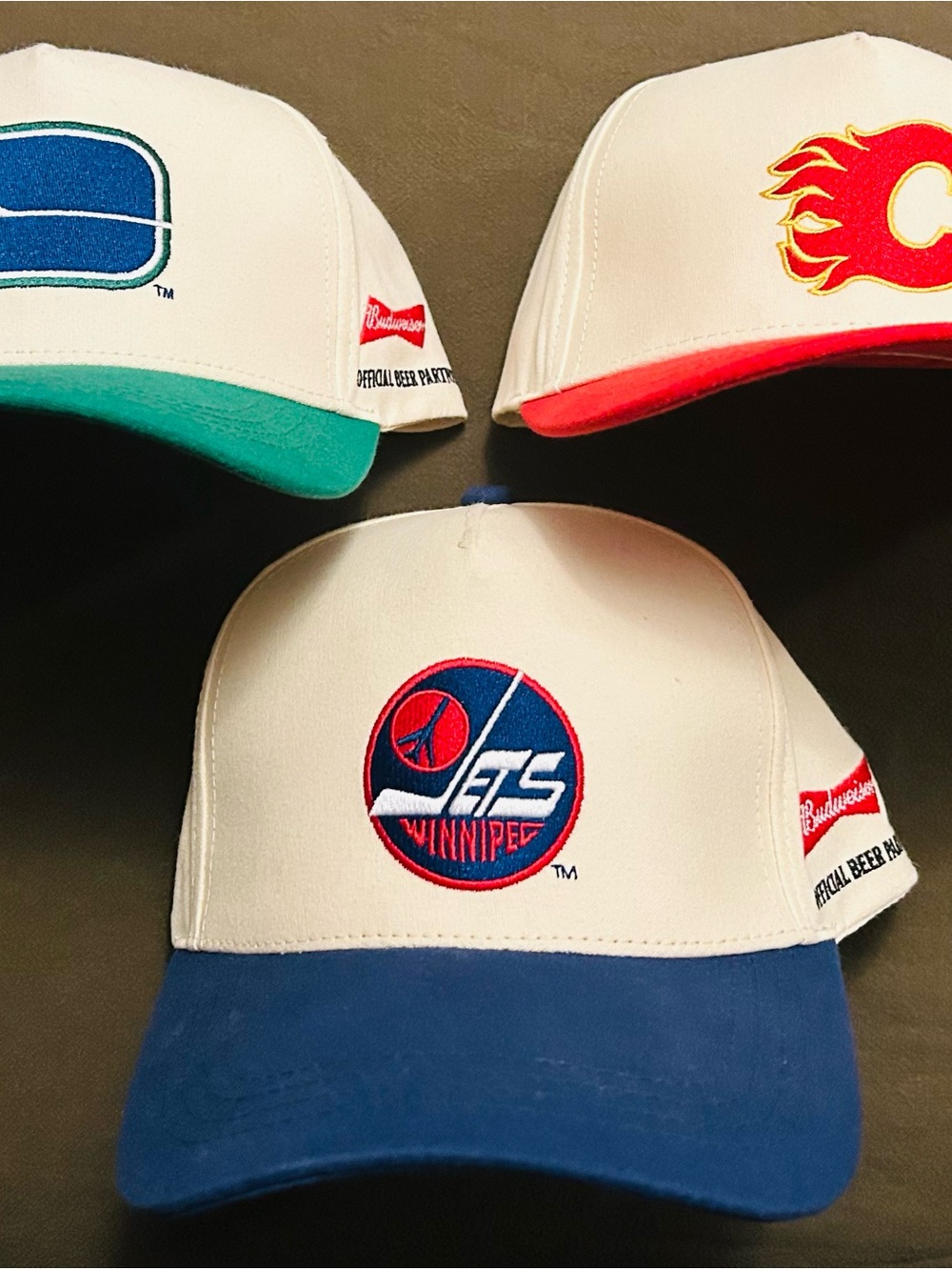 Vintage Budweiser NHL Hats Canucks, Flames and Jets.